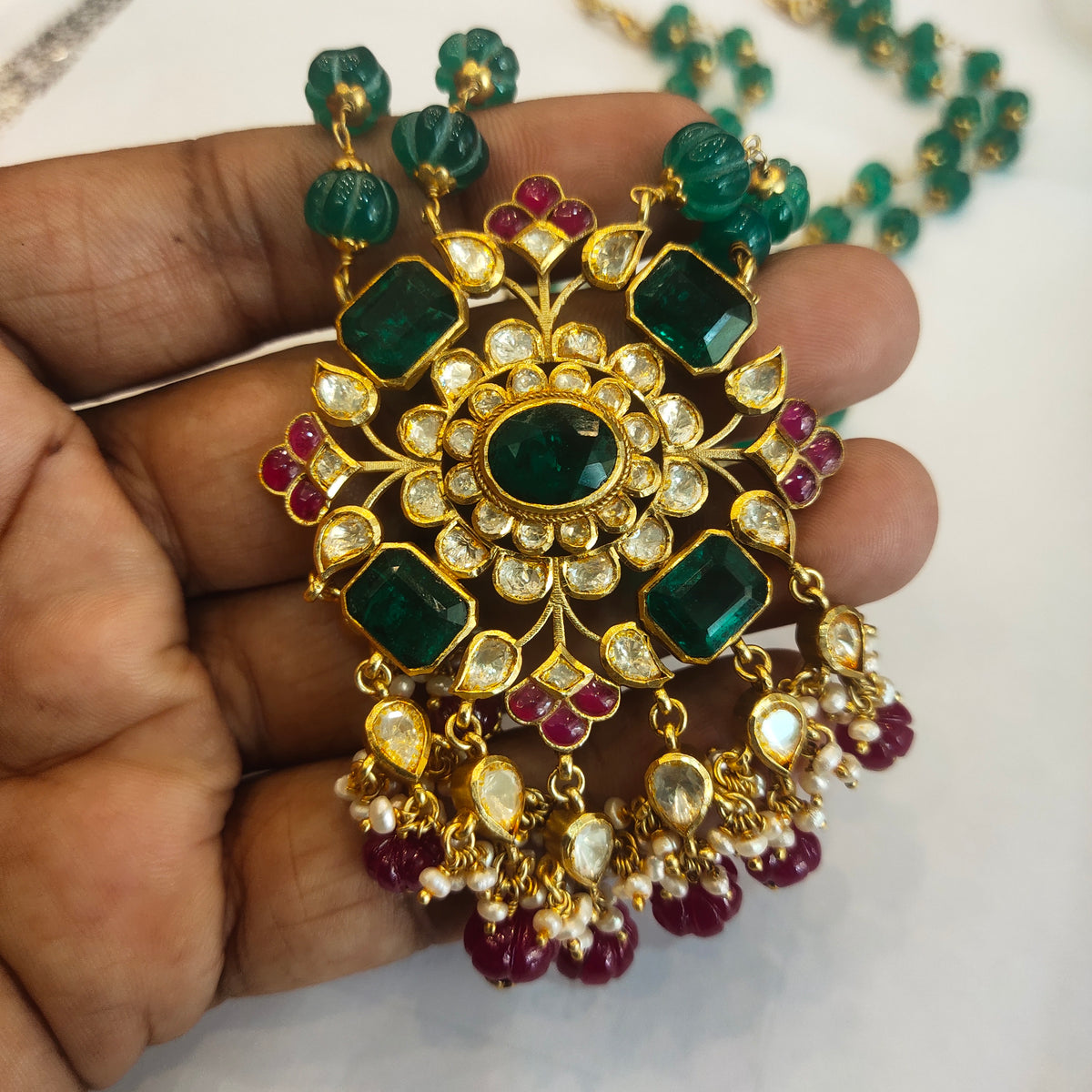 Asp Silver Jadau Kundan Pendant With Emeralds Beaded Necklace