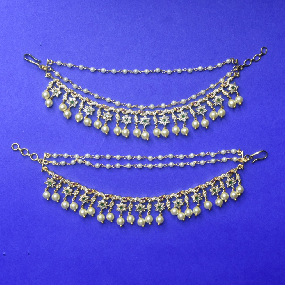 CZ Stone 3 Strand Ear Chain - Gold Plated Champaswaralu