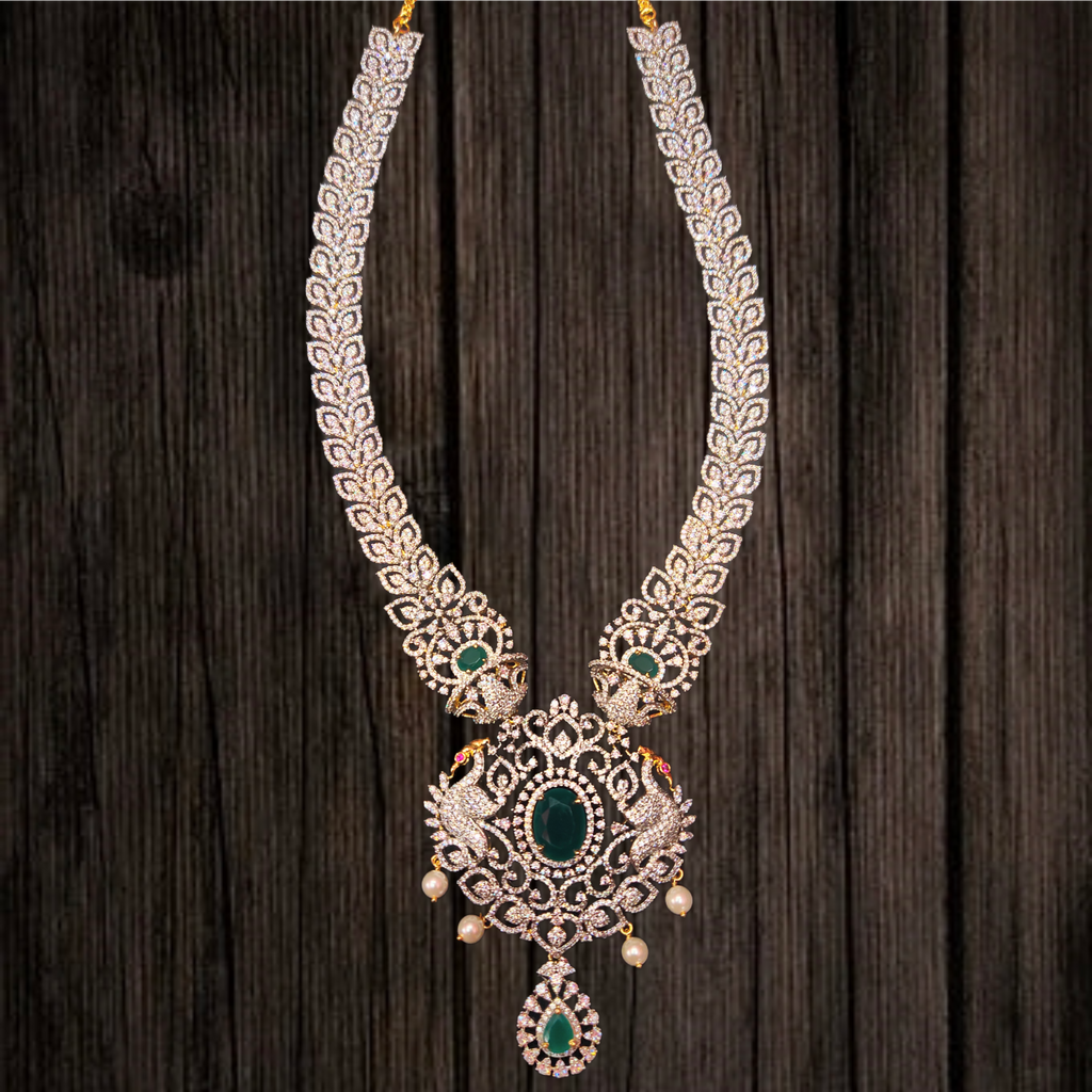 Bridal Diamond Haram - Emerald CZ Pearls Long Necklace Set