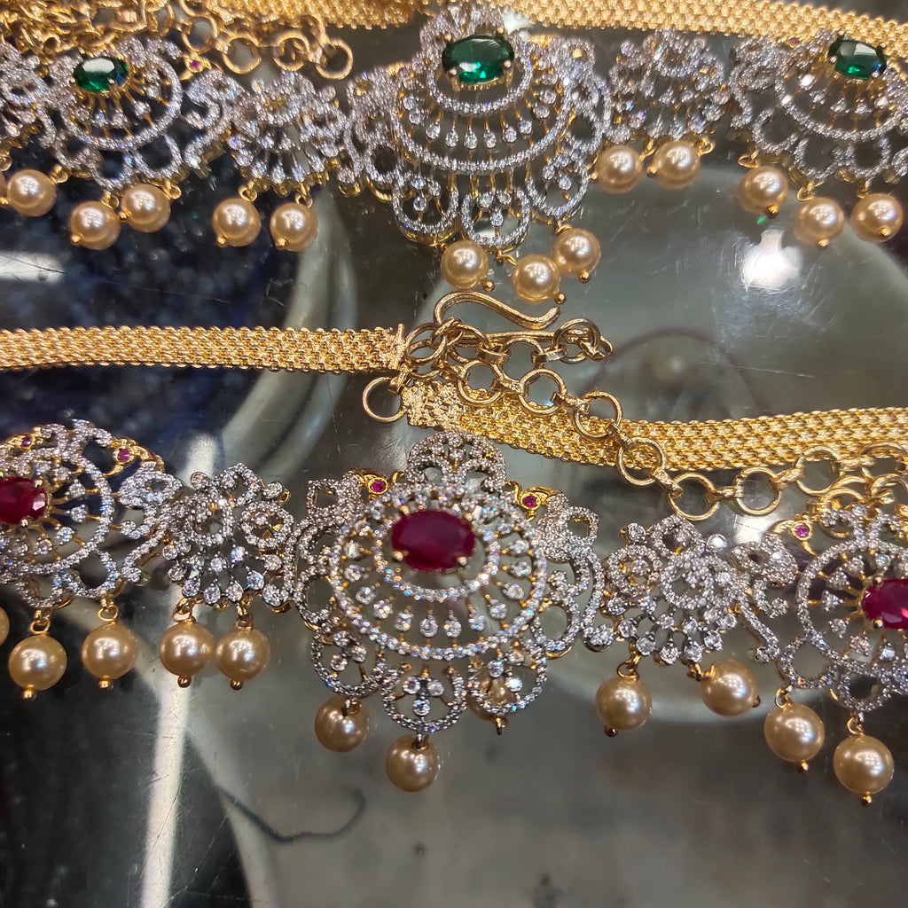 Zircon Rhodium-Gold Double Tone Diamond Look Chain Vaddanam for Bride
