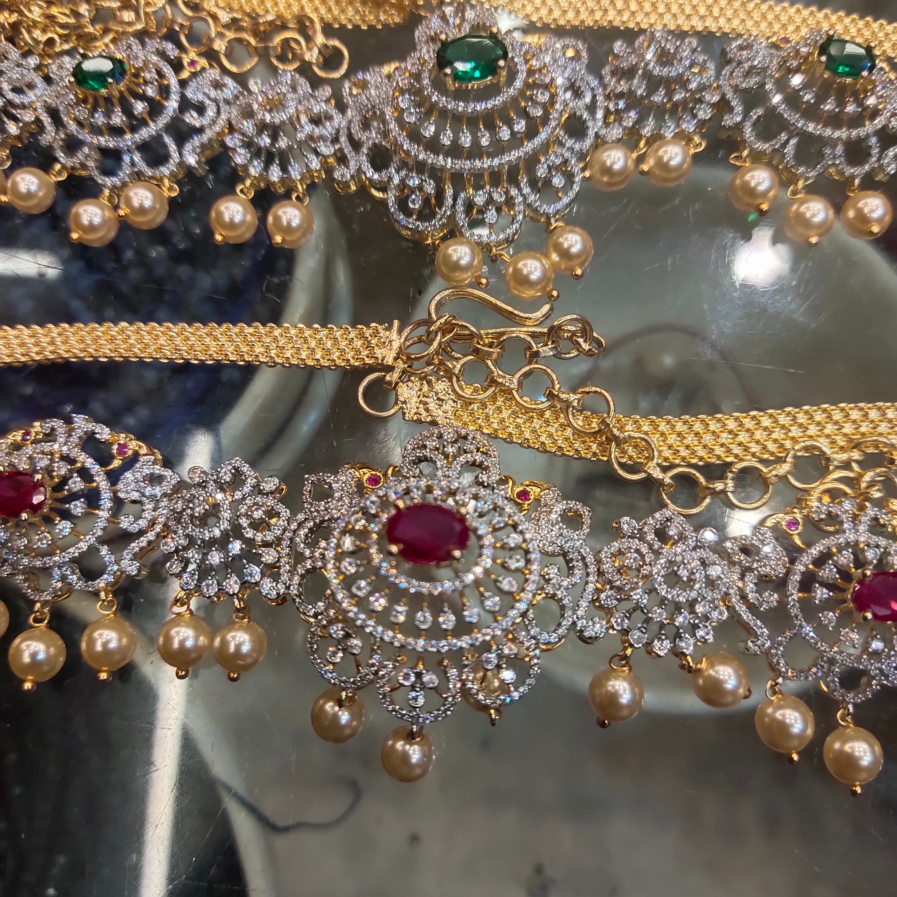 Zircon Rhodium-Gold Double Tone Diamond Look Chain Vaddanam for Bride