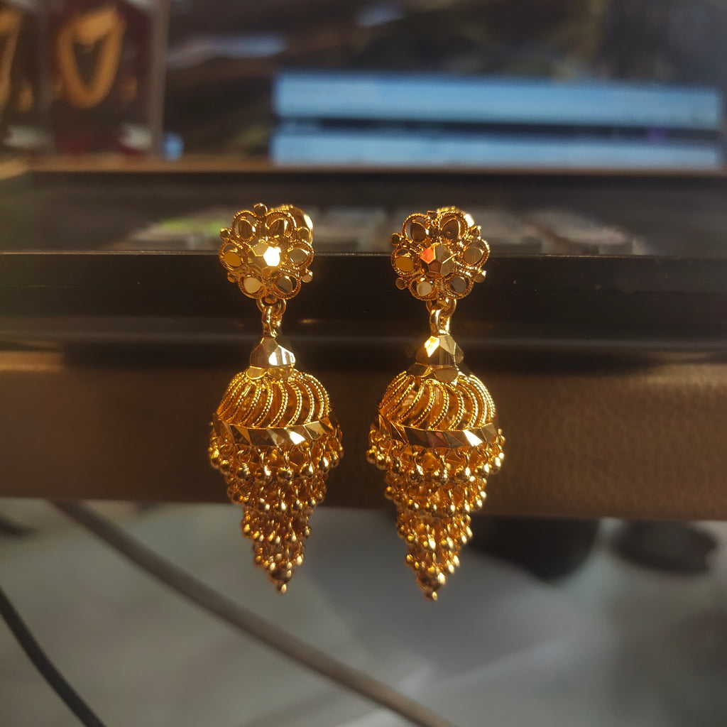Gold Plated Elongated Ribbed Jhumka Earrings with Cascading Bead Tassel | Statement Ethnic Jewelry
