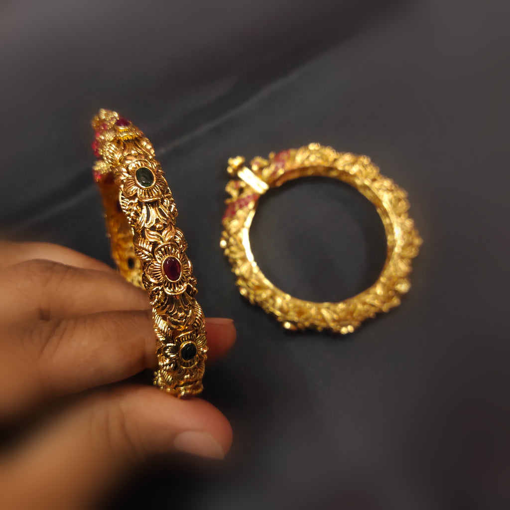 Antique Peacock Kanknalu Bangles - Nakashi Work Gold Plated Openable Bangles for Women