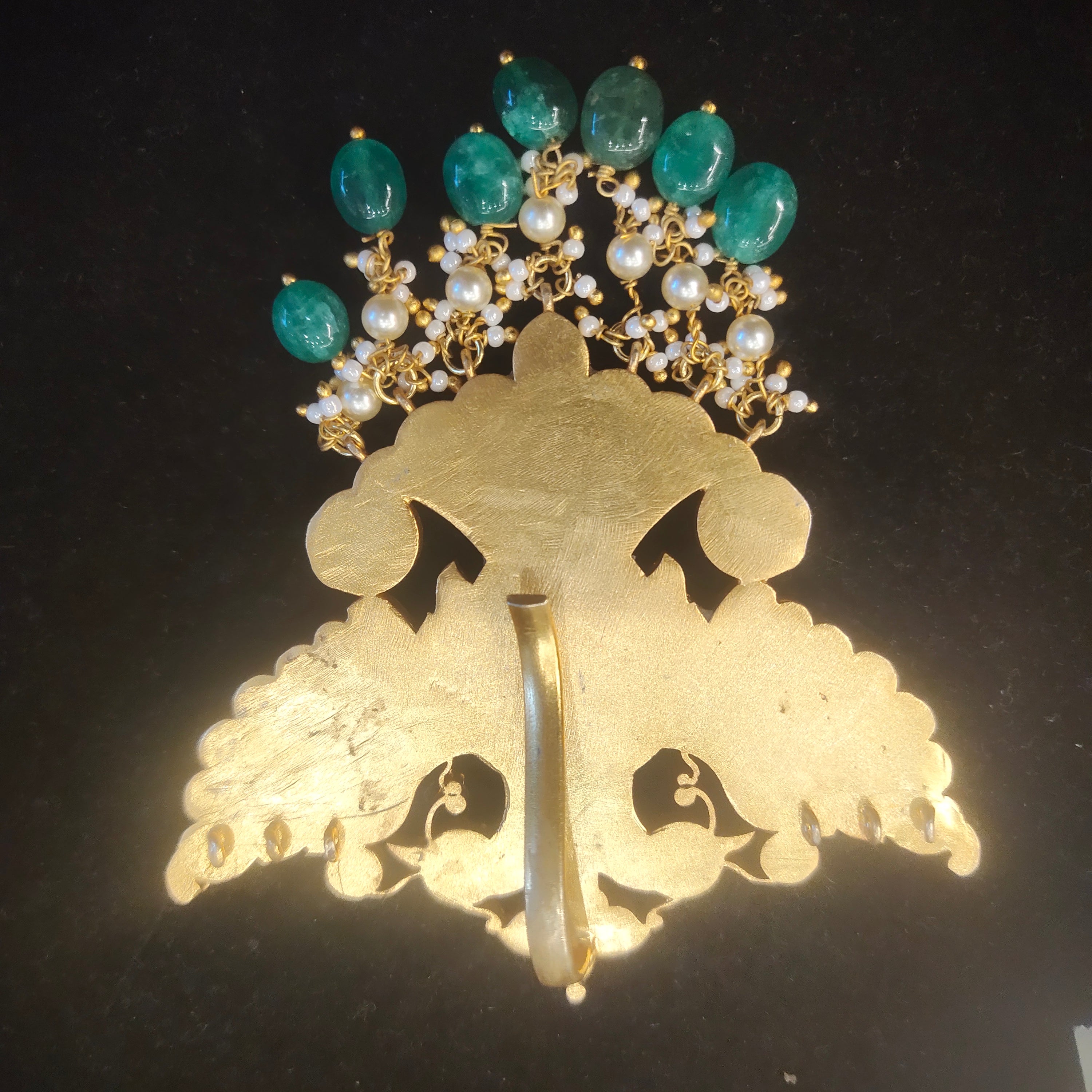 Kundan Polki Peacock Pendant with Emerald Beads & Pearl Drops