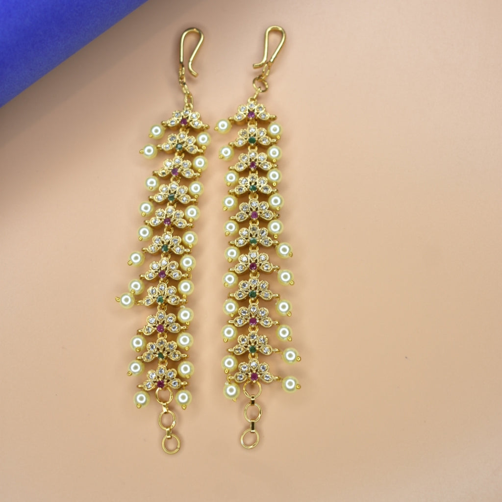 Antique CZ Pearl Straight Ear Chains - 24K Gold Plated 12cm