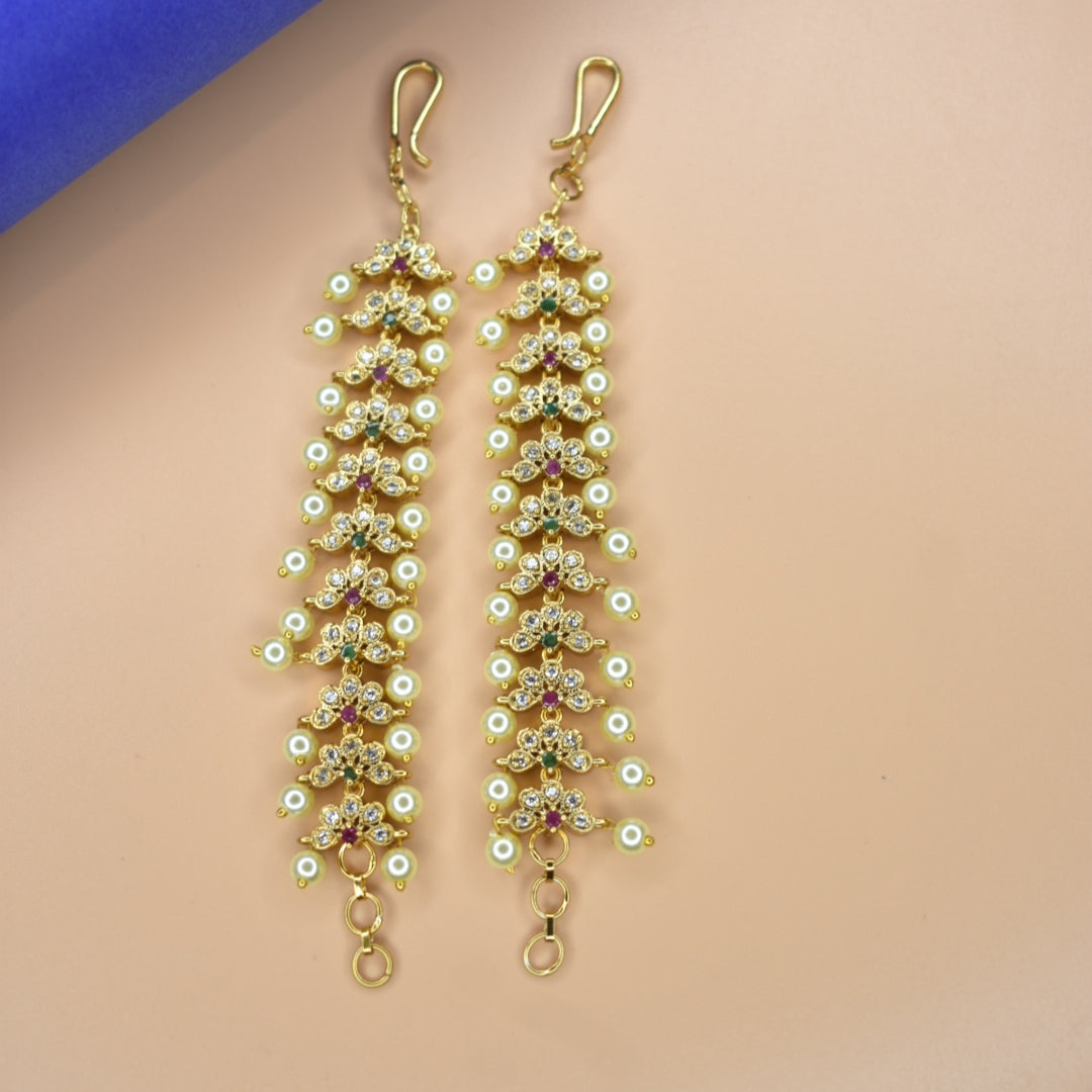 Antique CZ Pearl Straight Ear Chains - 24K Gold Plated 12cm