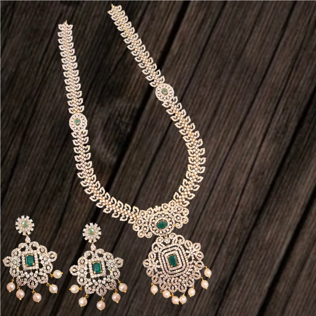 American Diamond Long Haram - Sparkling Bridal Necklace With Emeralds & Pearls