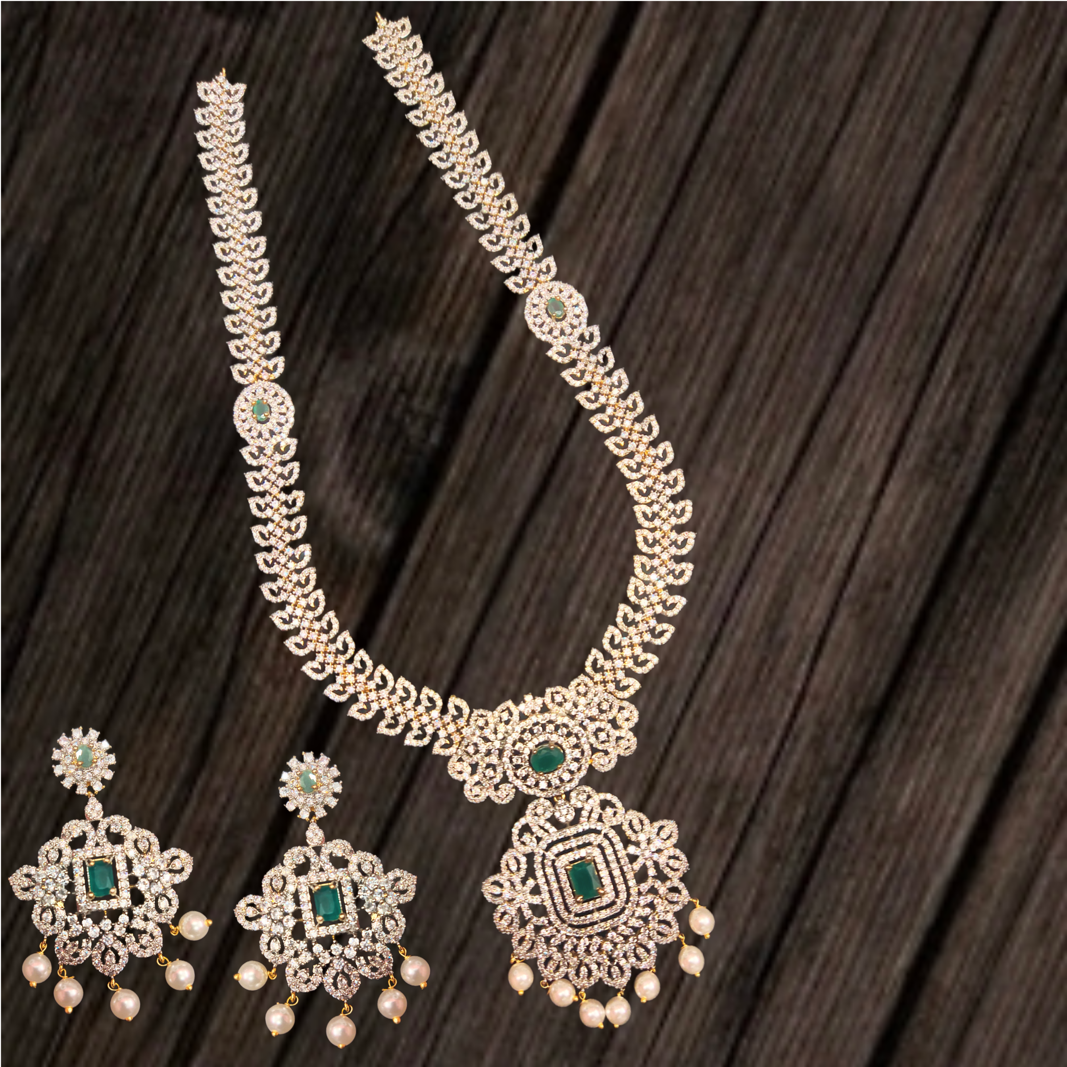 American Diamond Long Haram - Sparkling Bridal Necklace With Emeralds & Pearls