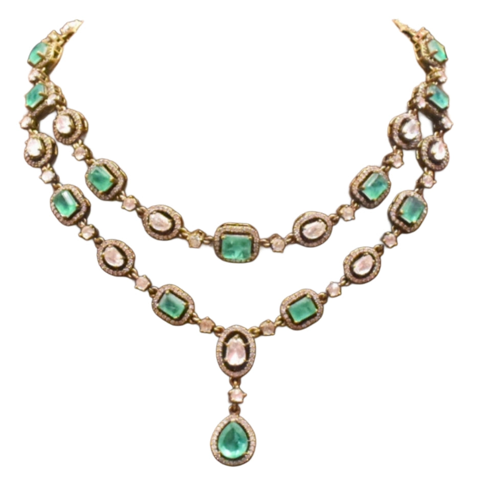 Asp  Victorian Green Emeralds Polki Kundan Necklace Set