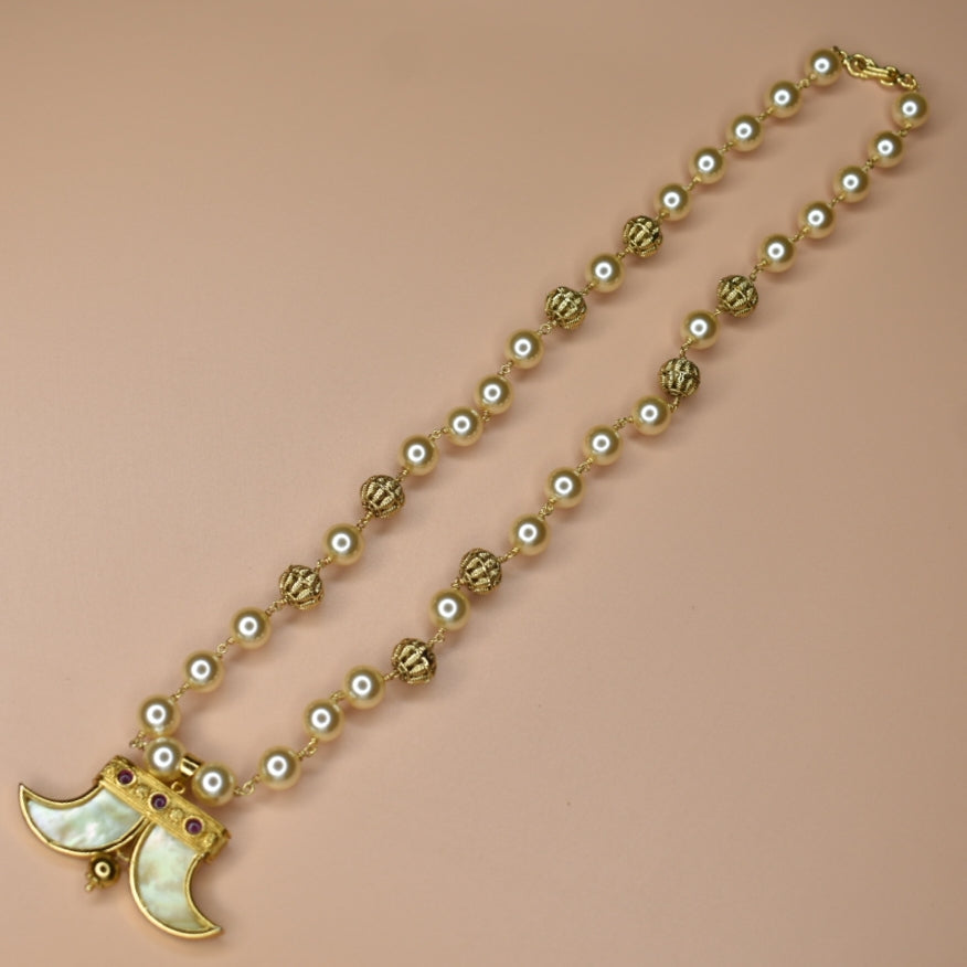 Enchanting CZ Puligoru Locket with Pearl Chain for Kids - 24K Gold 20 Inches 35g