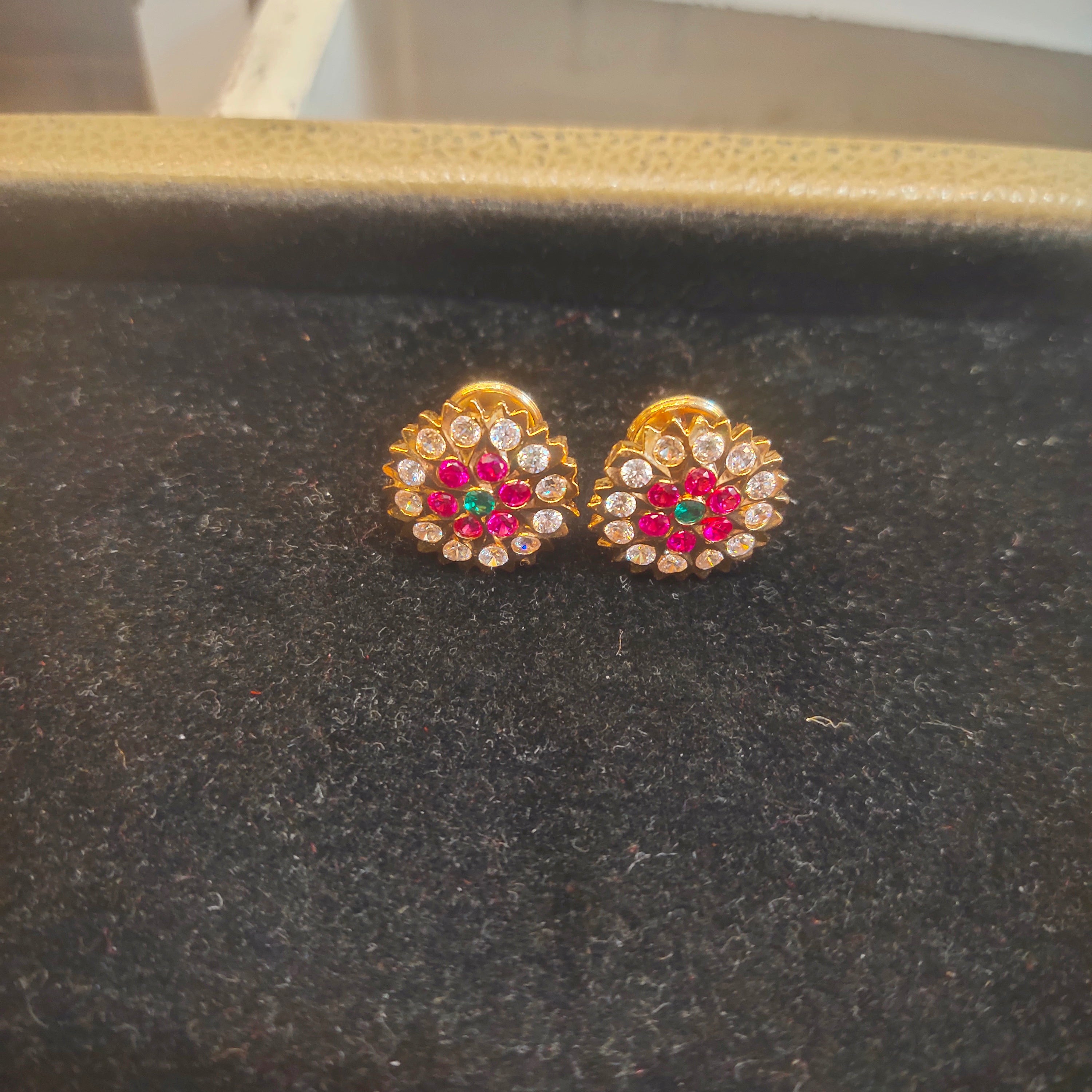 Panchaloha Kammalu Studs with Ruby & Emerald - Floral Cluster