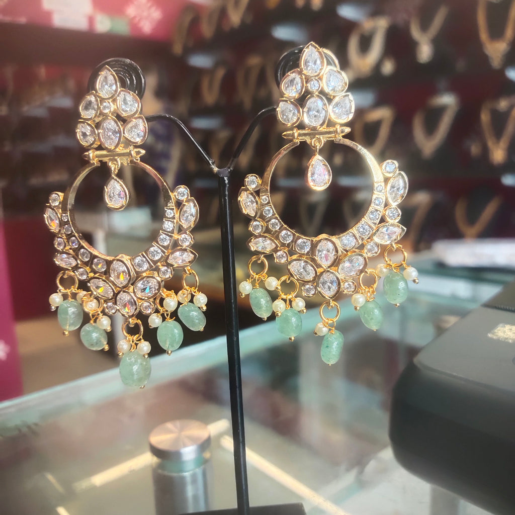 Zircon Temple Earrings with Mint Green Beads