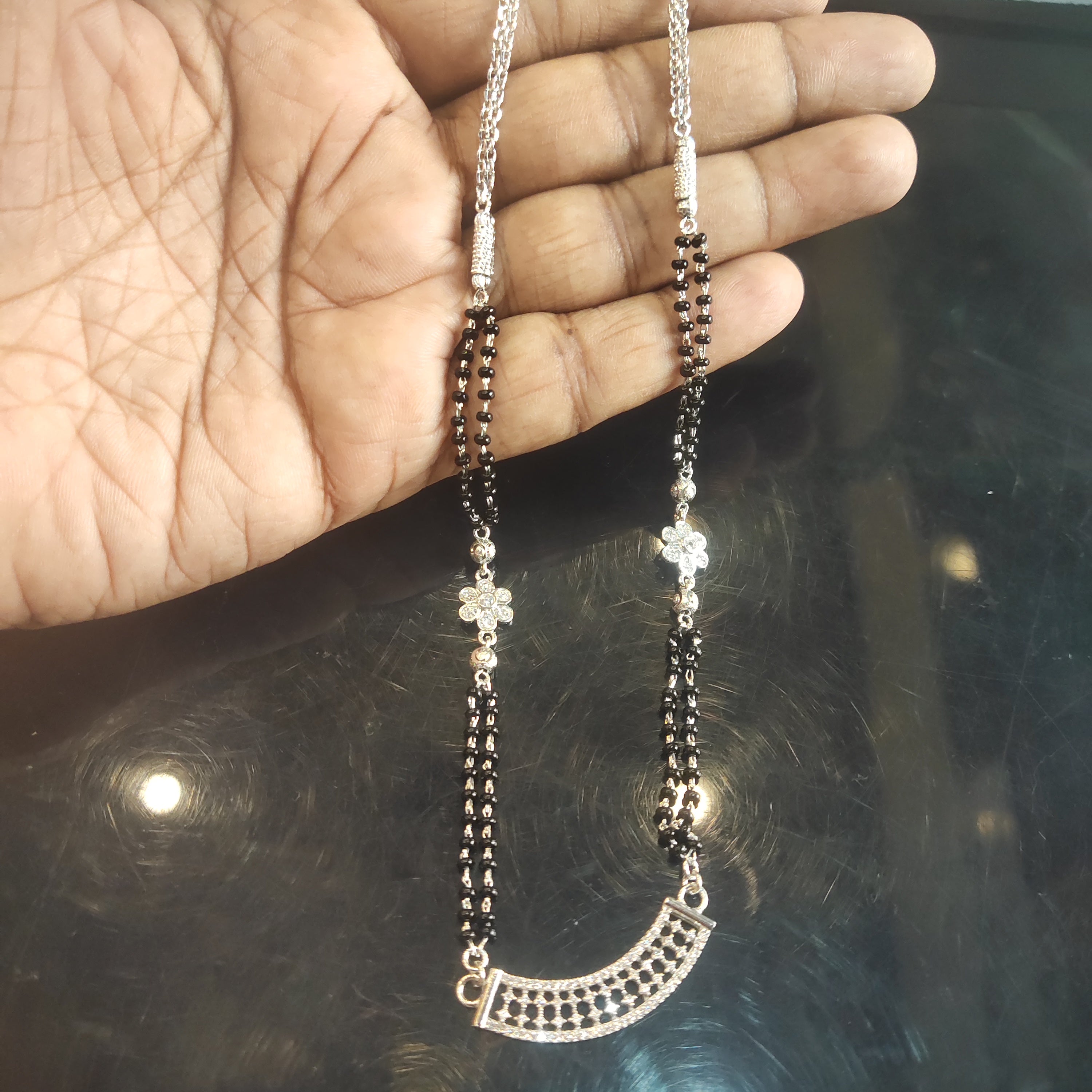 925 Silver Black Beads Mangalsutra Necklace with Floral Motifs