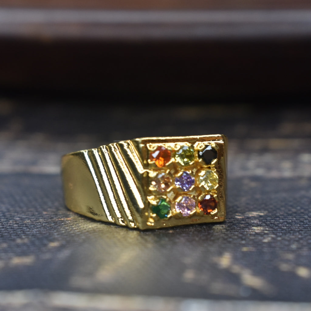 Navratna Ring for Men - 24K Gold Plated Nine Gemstone Silver Ring