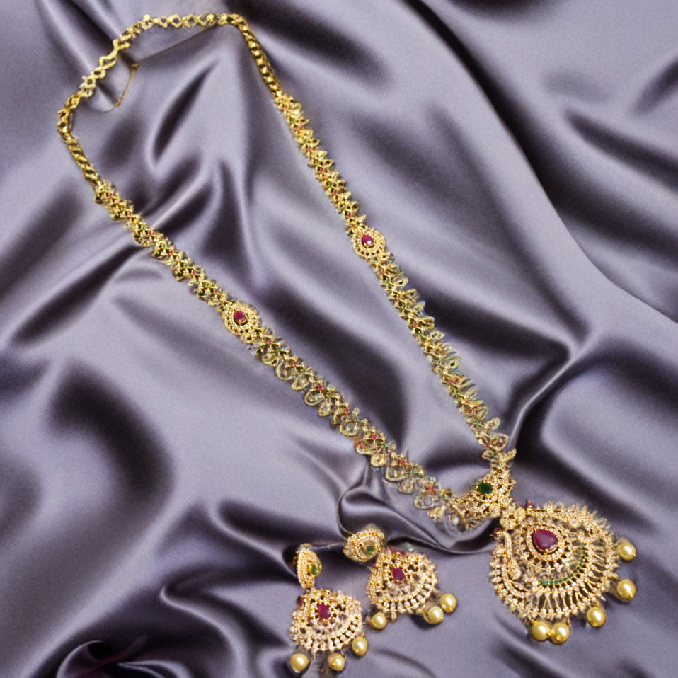 Asp Cz Gold Plated Long Necklace Set