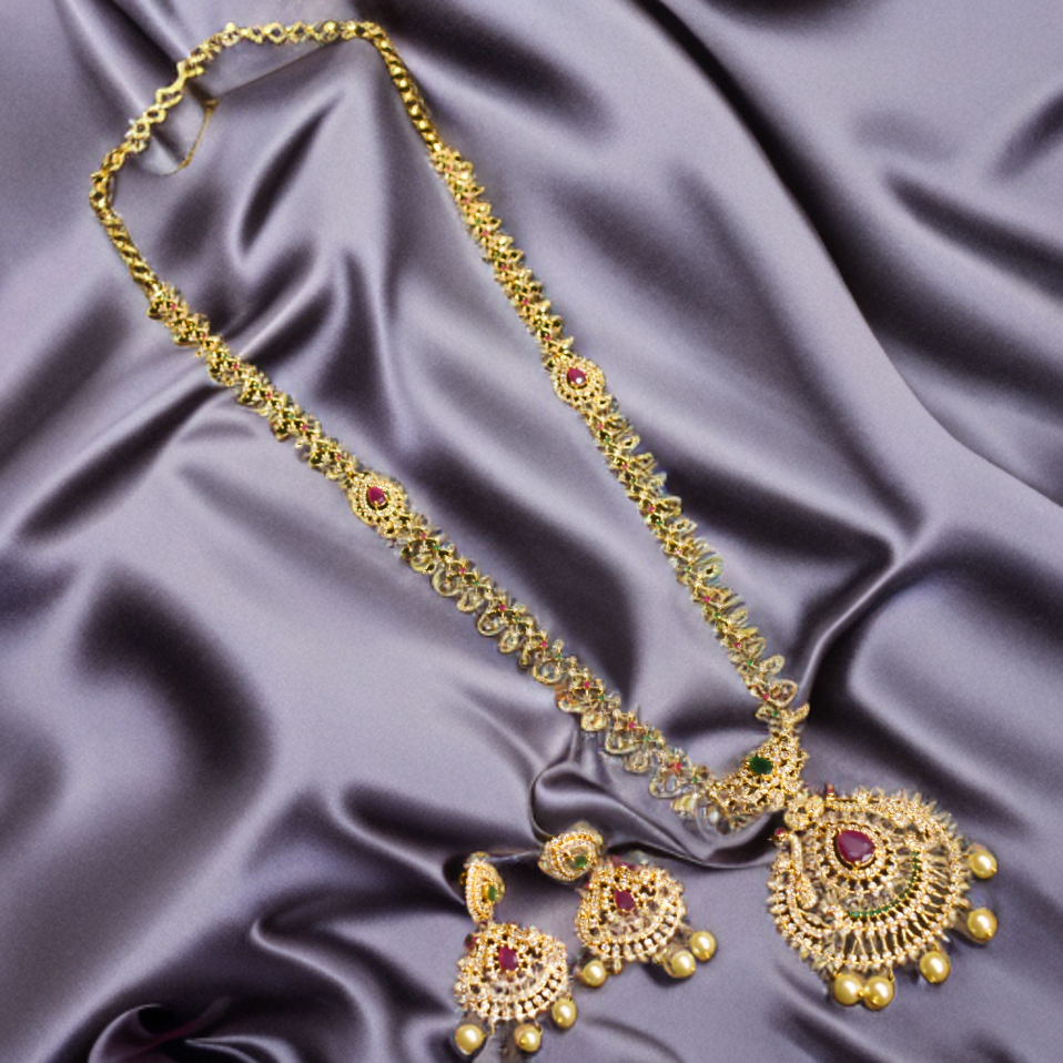 CZ Gold Plated Long Necklace Set - Traditional Temple Jewelry Design