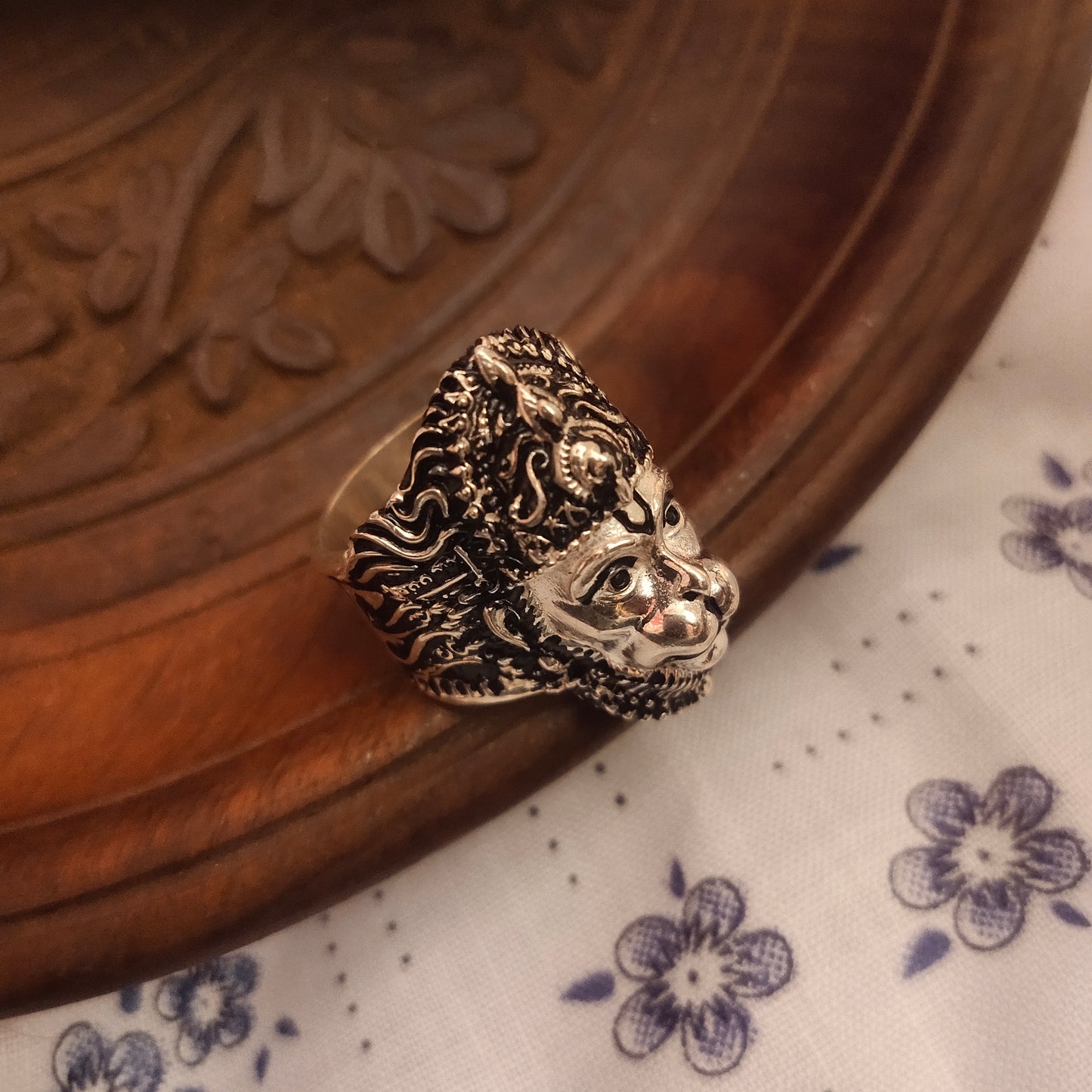 "Bringing Divine Strength: The Majestic Asp Silver Oxidized Sterling Silver Lord Hanuman Ji Ring"