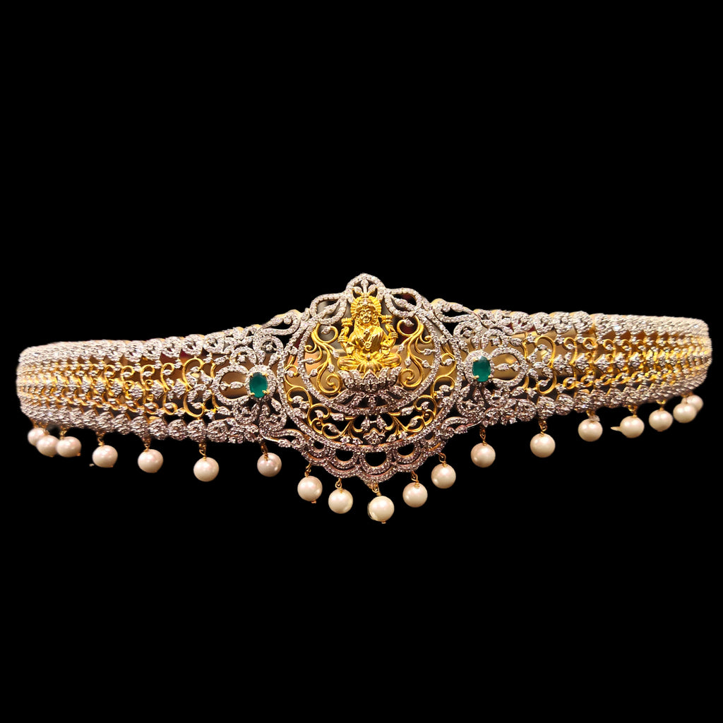 Goddess Lakshmi American Diamond Vaddanam - Floral Pearl 24K Gold Belt