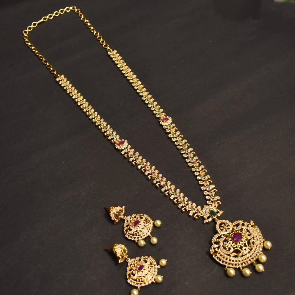 CZ Gold Plated Long Necklace Set - Elegant Wedding Jewelry with Pearls