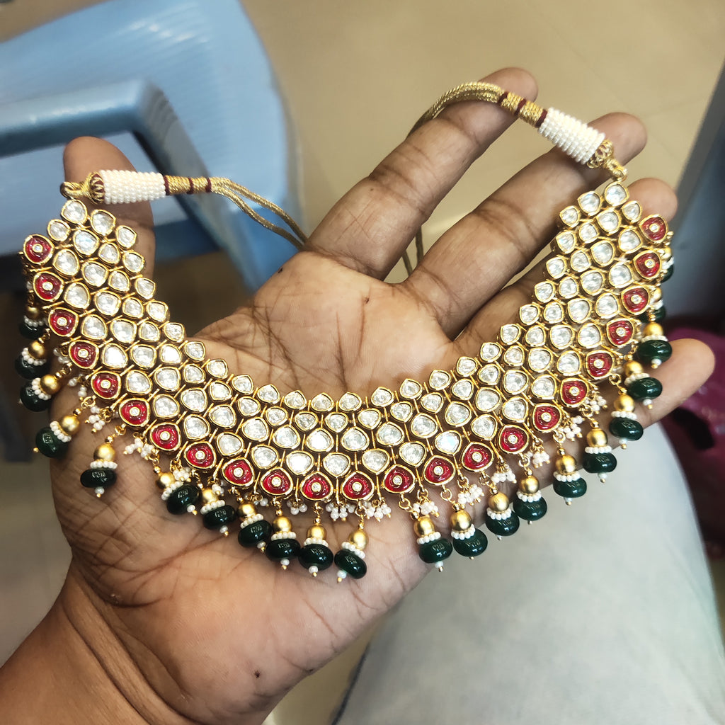 24K Gold Plated Kundan Necklace Set with Chandelier Earrings - Traditional Indian Jewelry