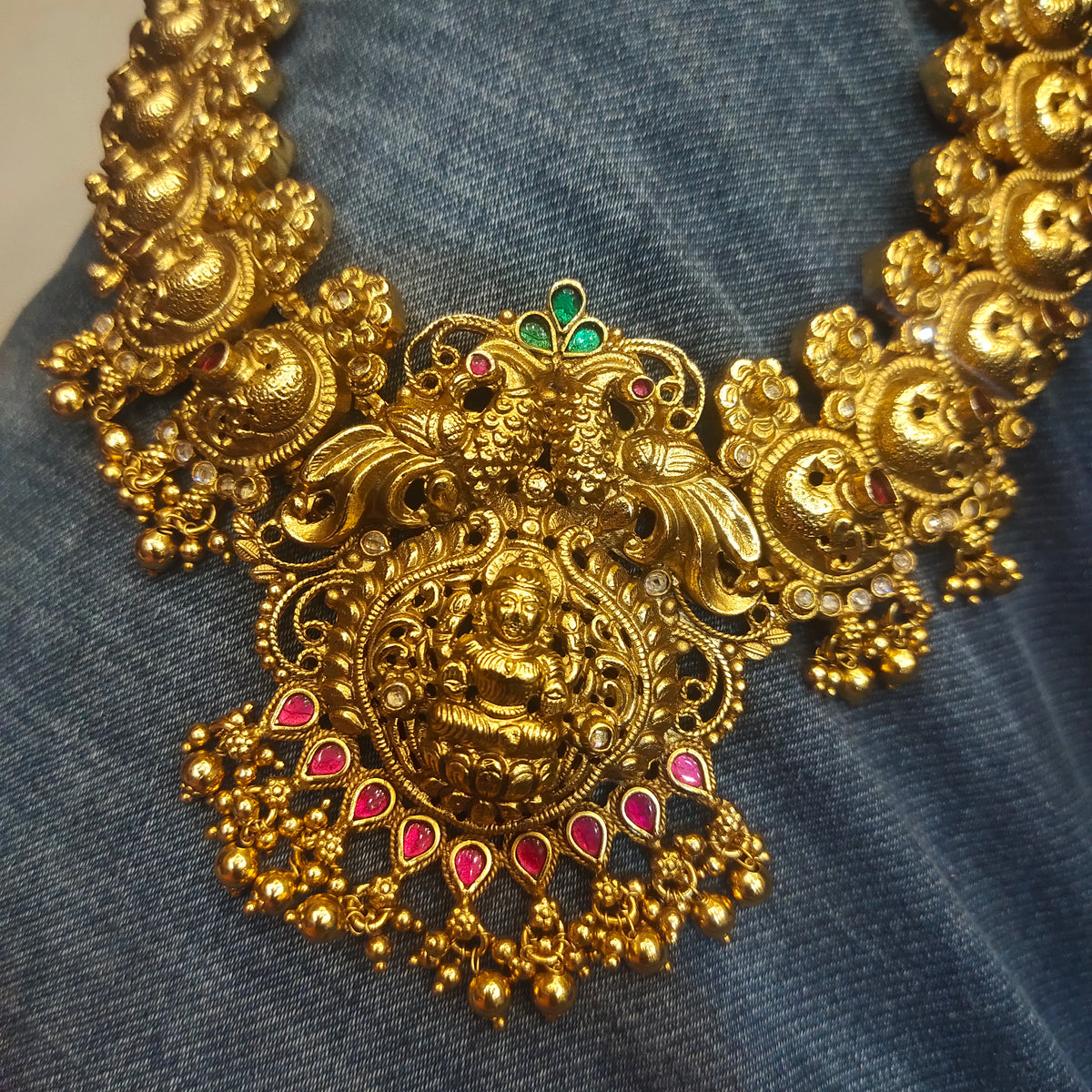 Exquisite Antique Nakshi Goddess Laxmi Long Necklace Set