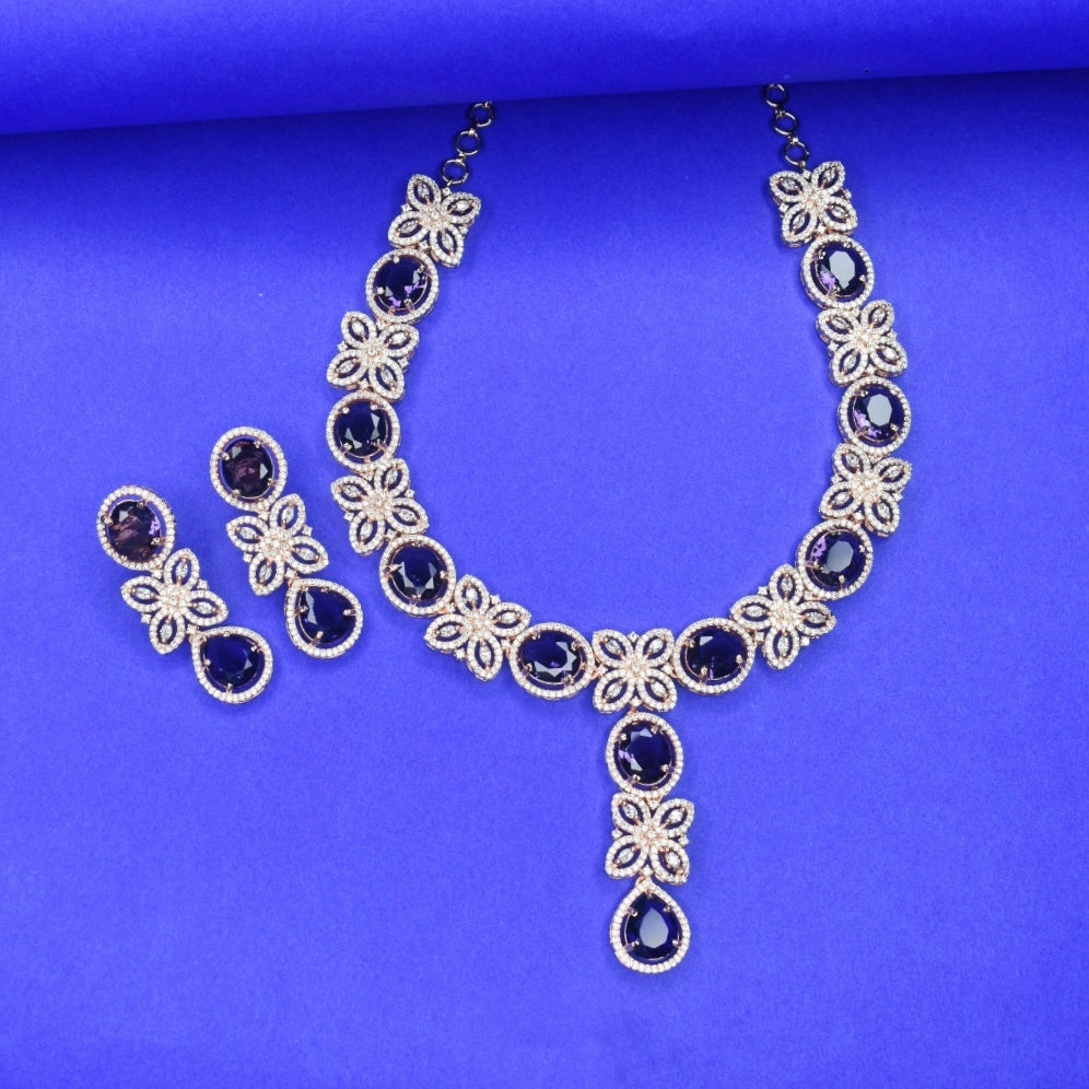 Rose Gold American Diamond Necklace Set with Earrings - Bridal Jewelry