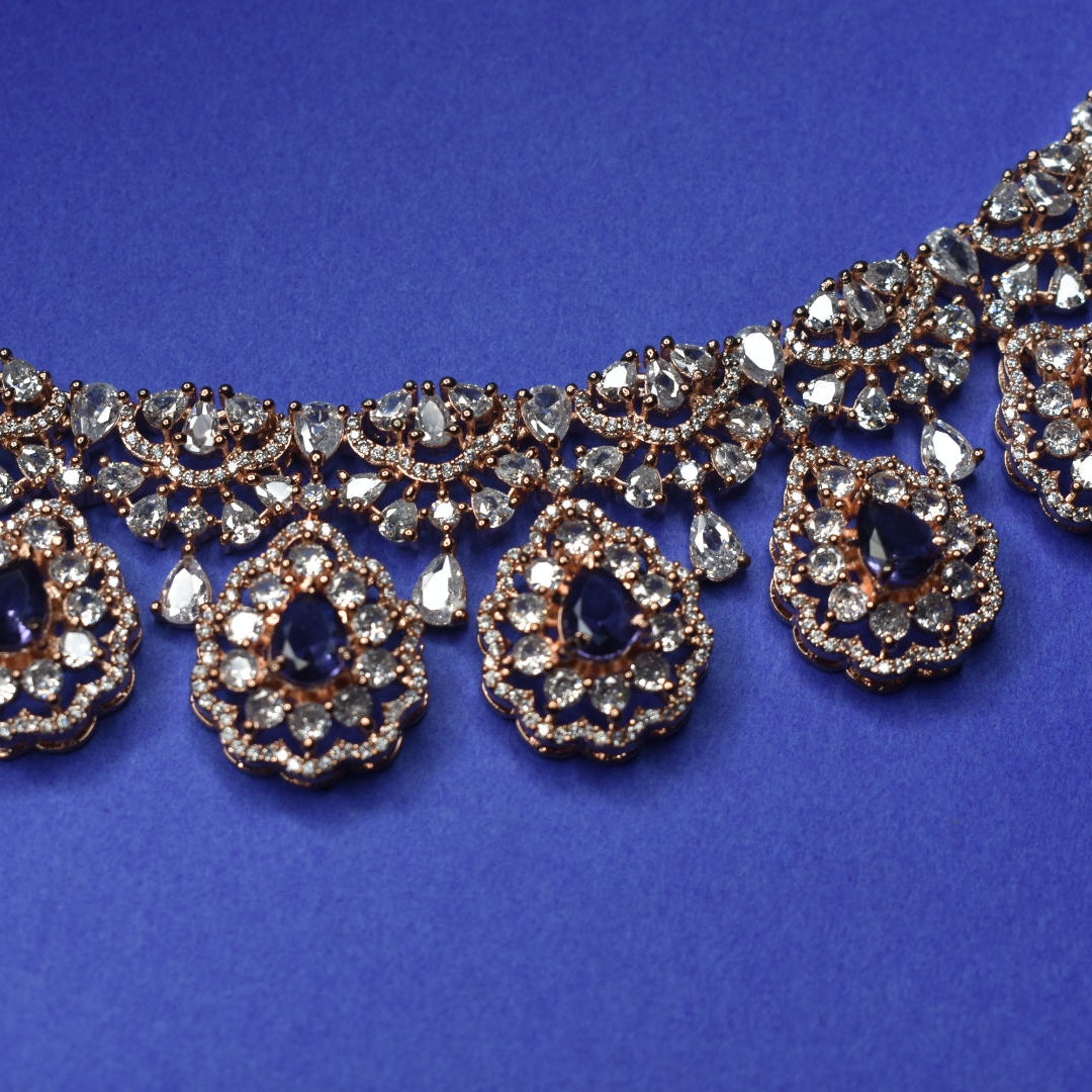 Rose Gold Cubic Zircon Necklace Set with Jhumkas - CZ Jewelry