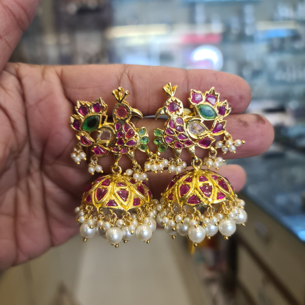 Peacock Shaped Kempu Jhumka - Kundan Emerald Temple Earrings