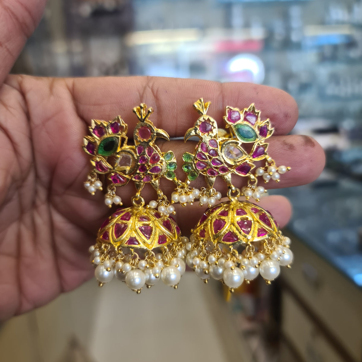 Peacock Shaped Kempu Jhumka - Kundan Emerald Temple Earrings
