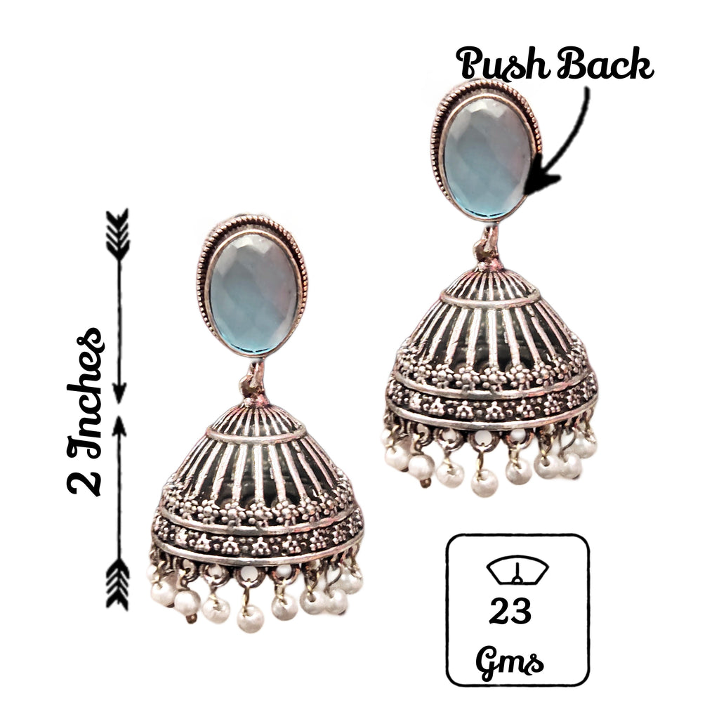 Oxidized Silver Jhumka with Red Pearls - Elegant Traditional Earrings