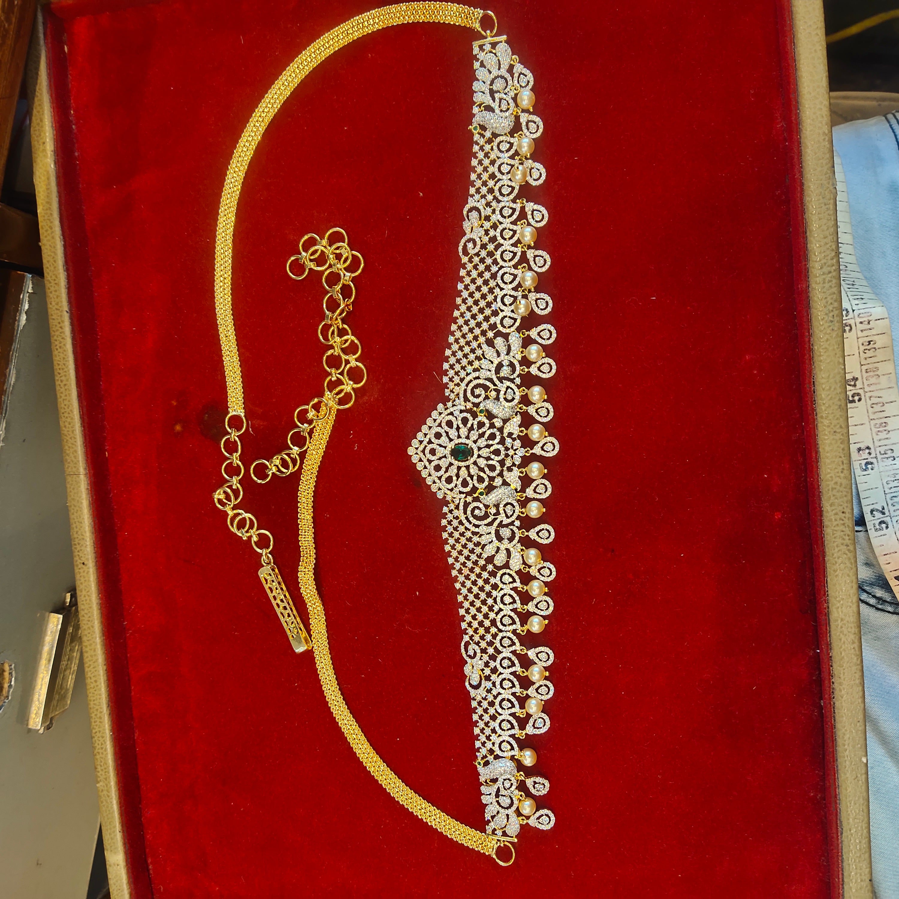 Zircon Rhodium-Gold Double Tone Diamond Look Chain Vaddanam for Bride