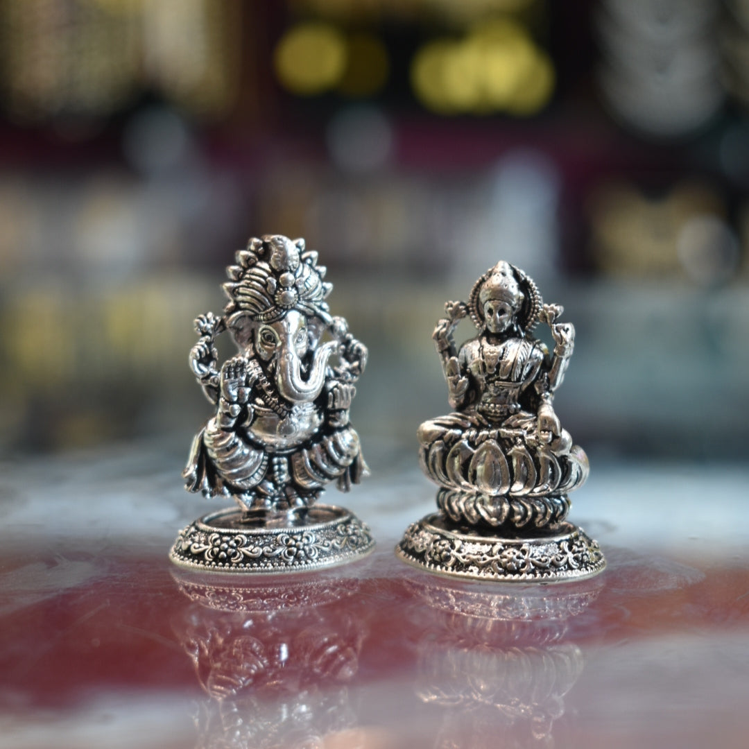 Oxidized Silver Lakshmi Ganesh Idol - Handcrafted Antique Finish Statue