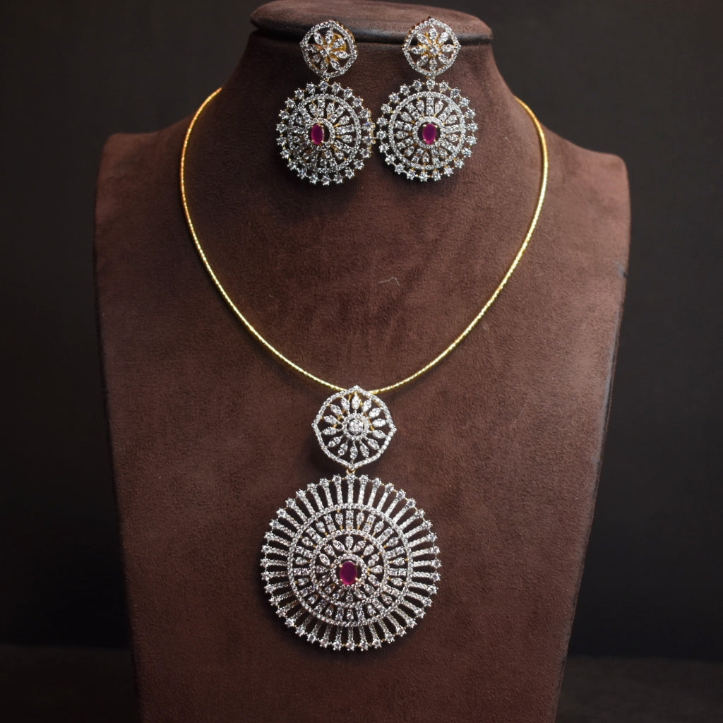 Gold Plated American Diamond Pendant Set with Earrings - 24K GJ Finish