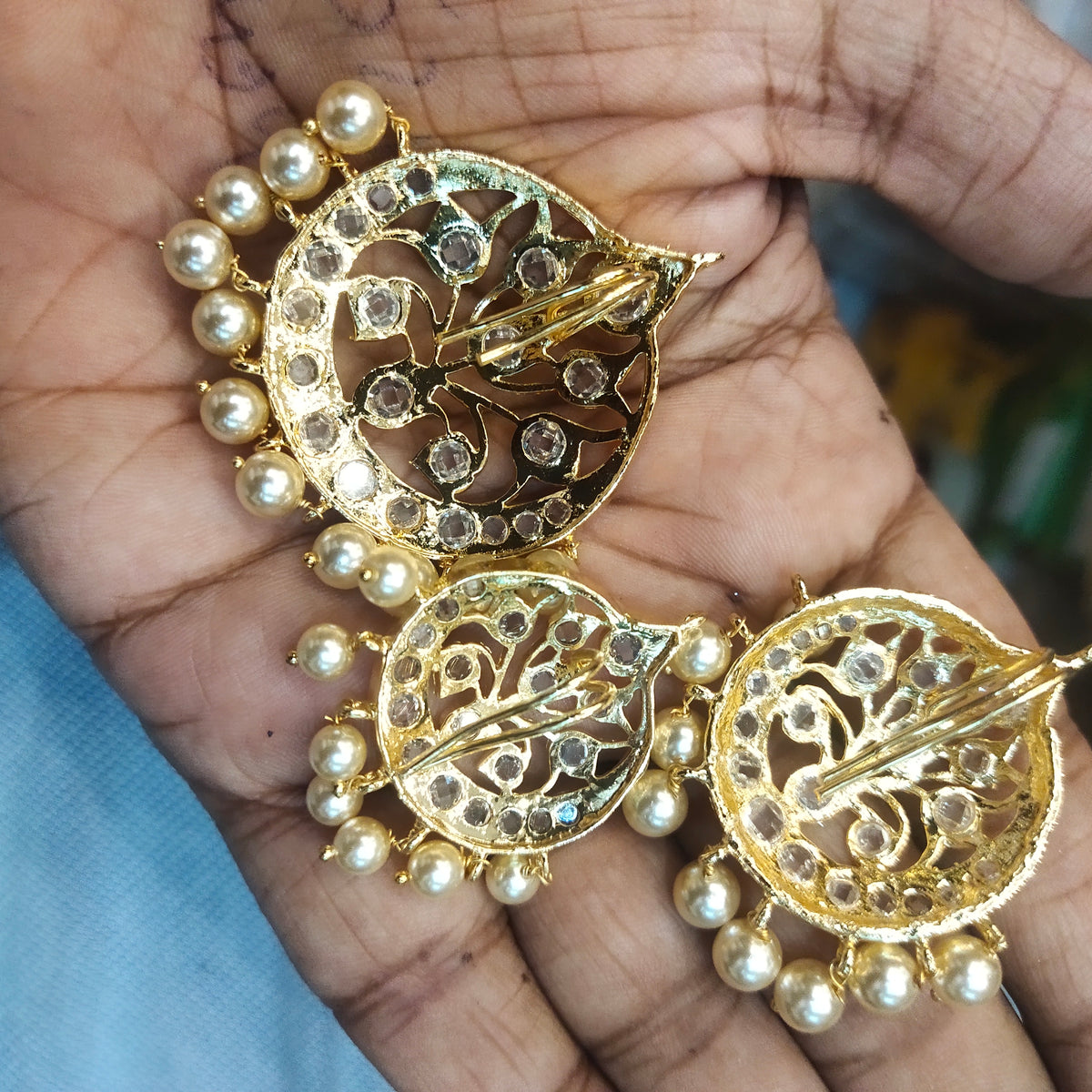Traditional Polki Jada Billau Set - 24K Gold Plated 3 Piece Bridal Hair Jewelry