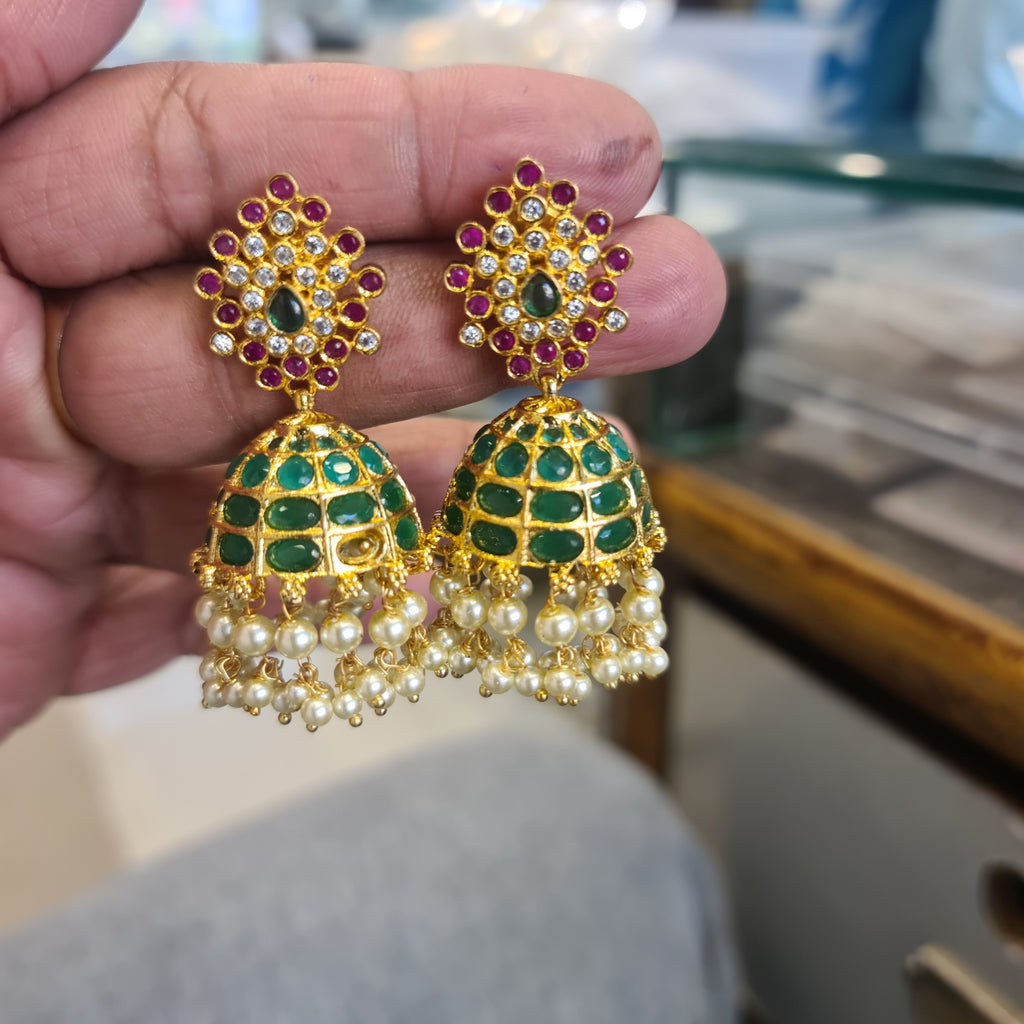 Emerald Polki Jhumka Earrings | Ruby CZ Diamond Stud Top | Double Pearl Fringe | Push Back