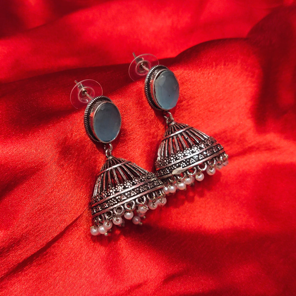 Oxidized Silver Jhumka with Red Pearls - Elegant Traditional Earrings