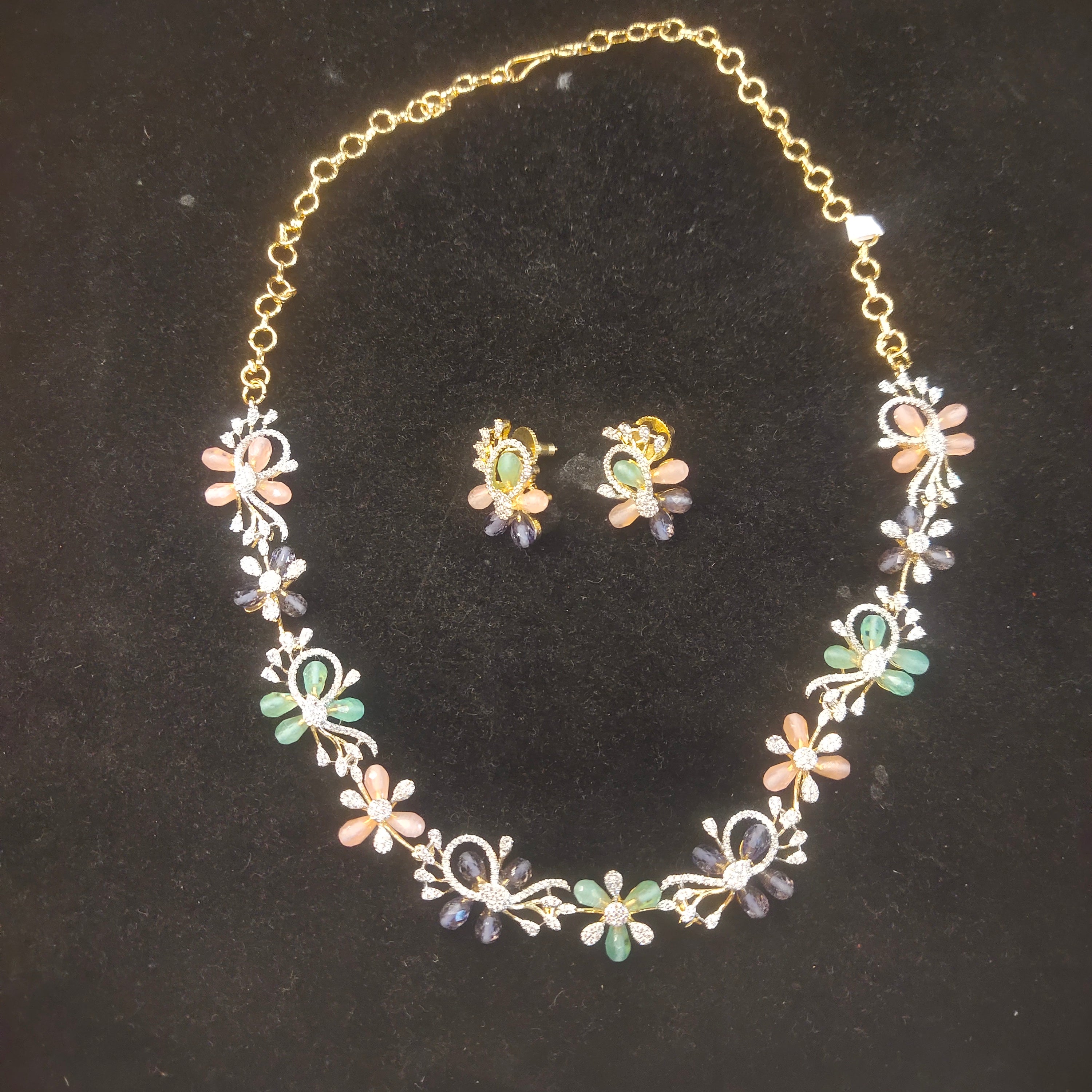Multicolor Pastel Zircon Floret Necklace & Earring Set - Gold Floral Jewellery