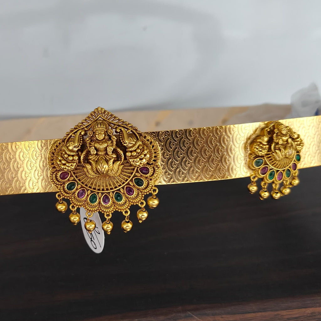 Traditional Temple Lakshmi Vaddanam with Three Pendants - 24K Gold Plated