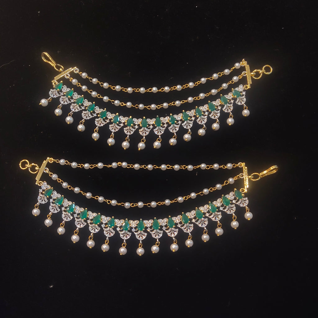 CZ Emerald Green Pearl Ear Chain | Bridal Kan Chain | Gold Plated