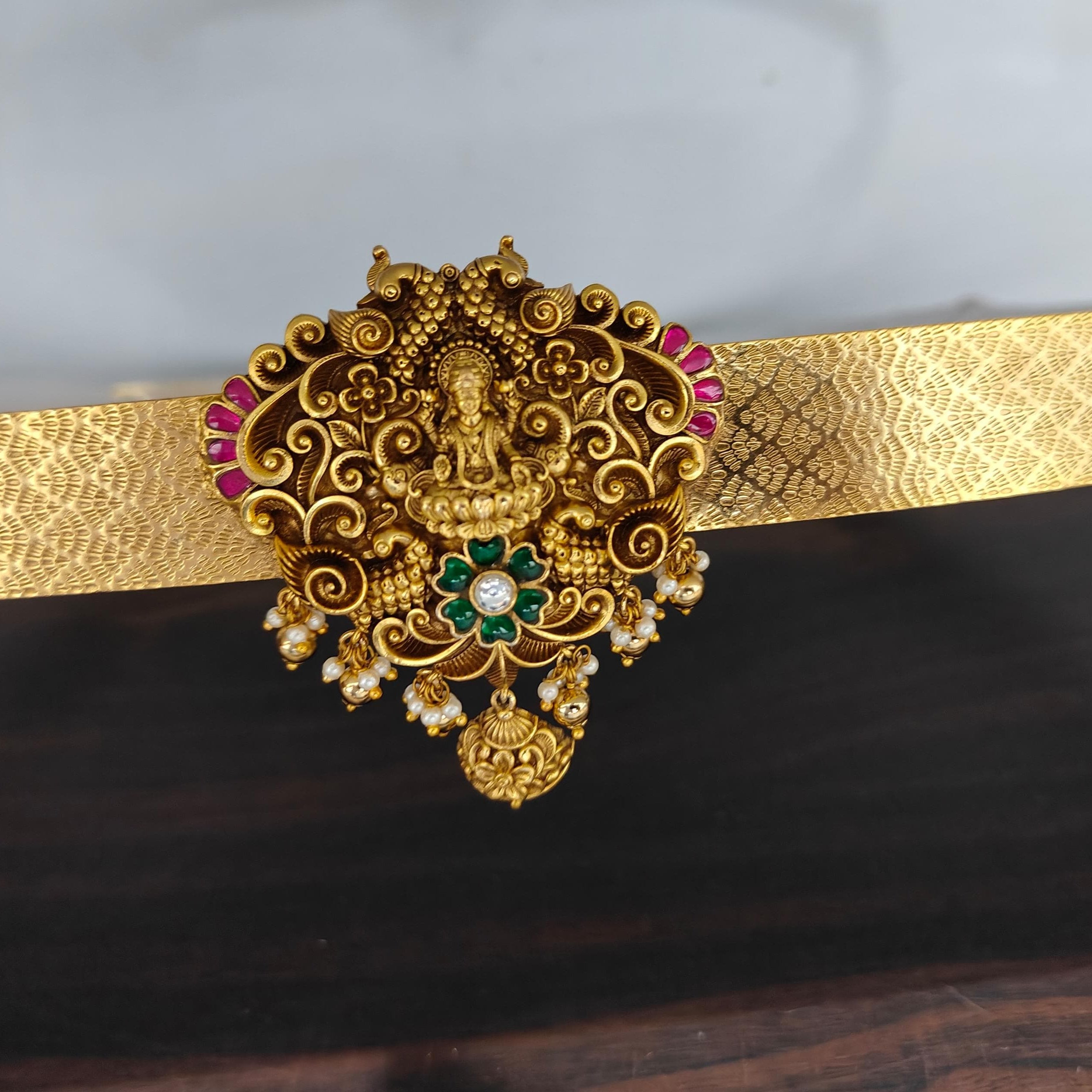 Ornate Temple Lakshmi Vaddanam with Scrollwork - 24K Gold Plated Mesh Belt
