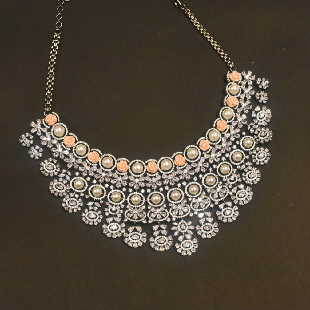 Pink Flower Beads Pearl Diamond Victorian Choker Set - Hyderabadi Bridal Jewelry