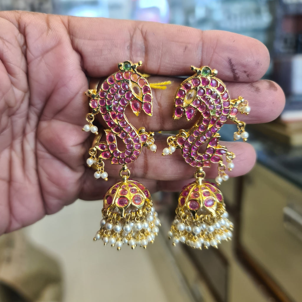 Kemp Ruby Fish Jhumka Earrings - Handmade Gold Plated Temple Jewelry