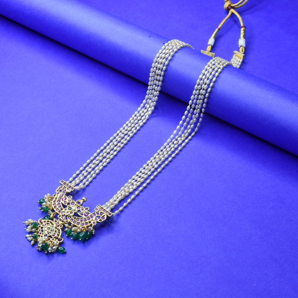 Rice Pearl & Kemp Rani Haar Set | 24K Gold Plated South Indian Necklace with Earrings