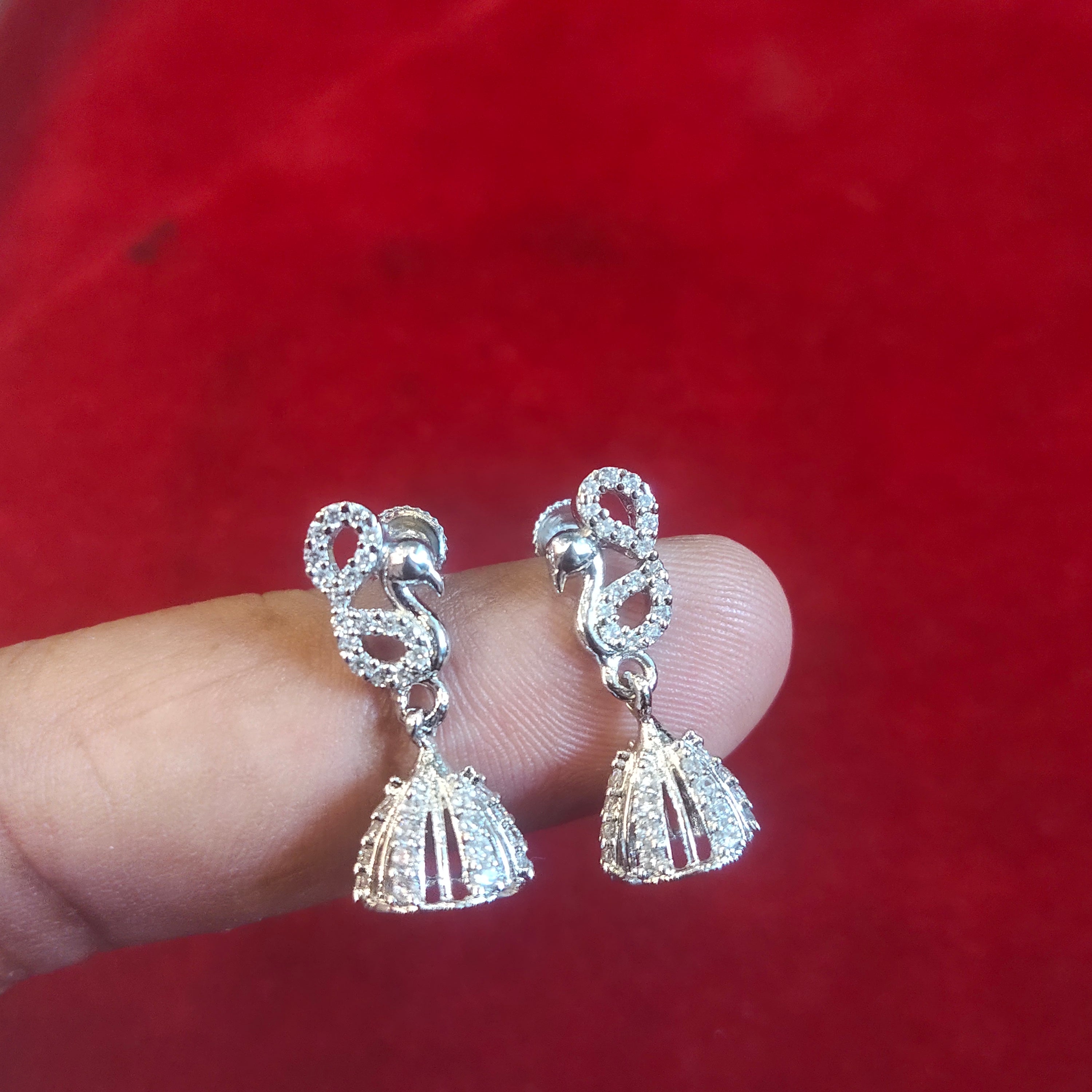 Silver CZ Peacock Stud Jhumka Earrings | American Diamond Mor Jhumki