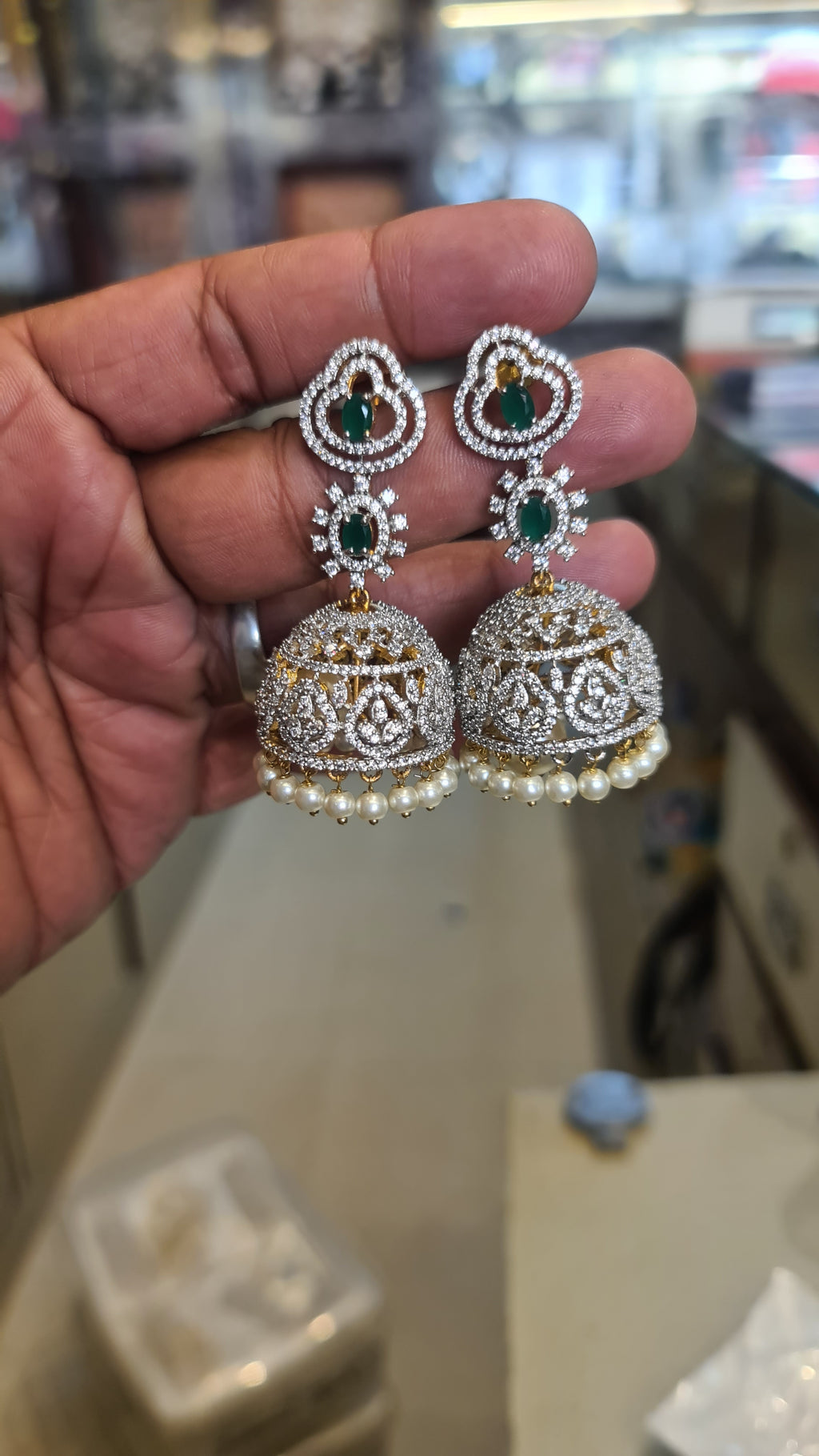 American Diamond Heart Top Jhumka Earrings | Pearl Fringe | Push Back