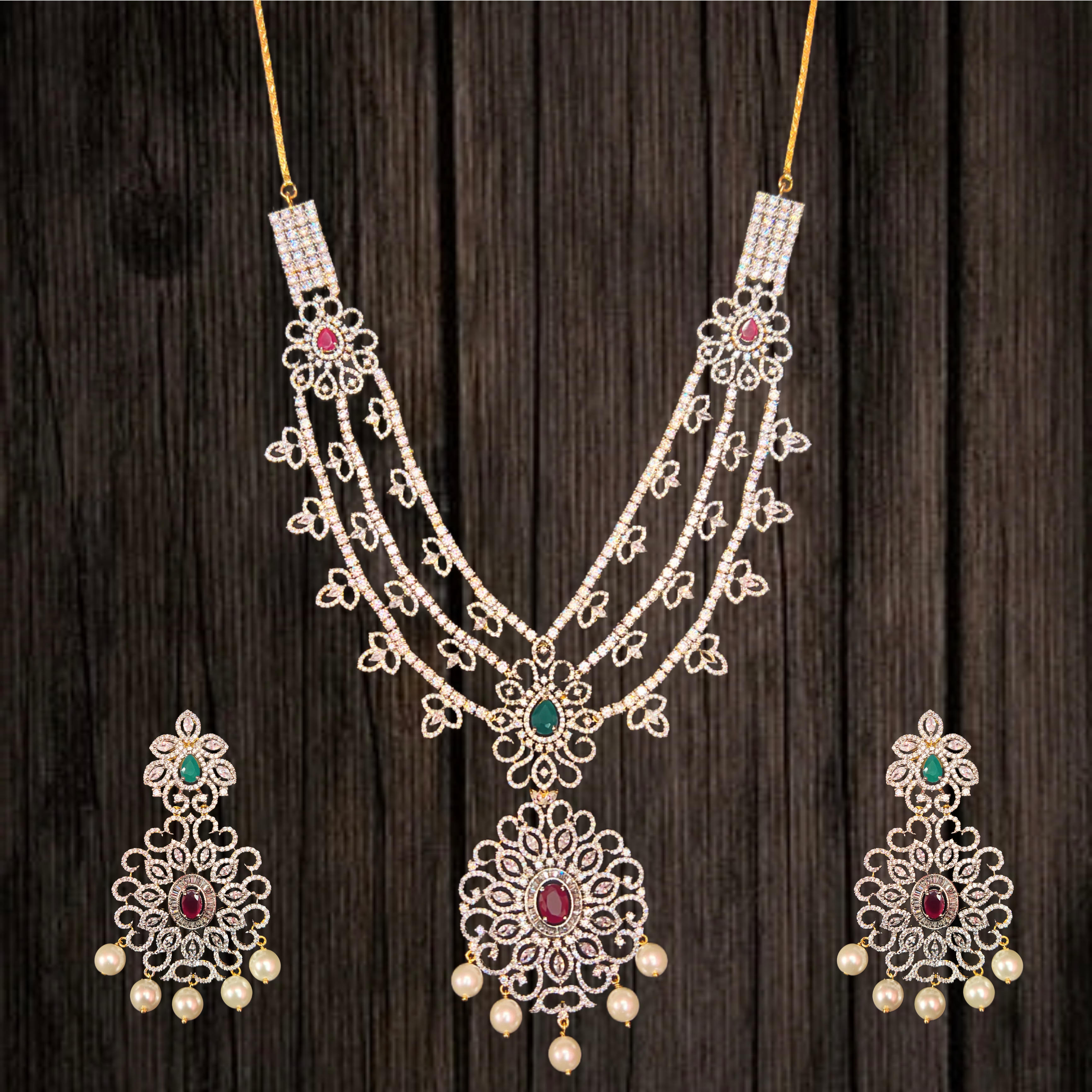 Luxurious American Diamond Rani Haar - 26 Inch Grand Wedding Necklace Set