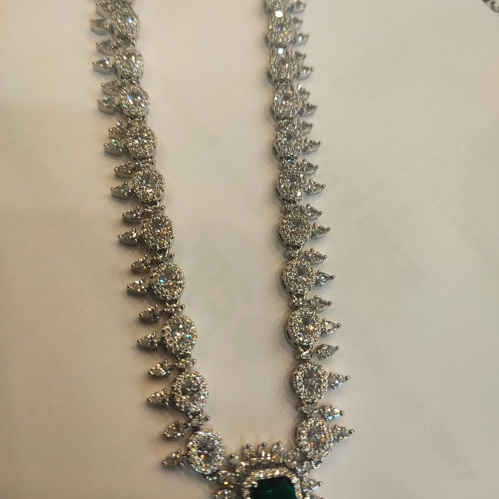 Rhodium Plated Green Emerald Zircon Necklace Set - Western Style