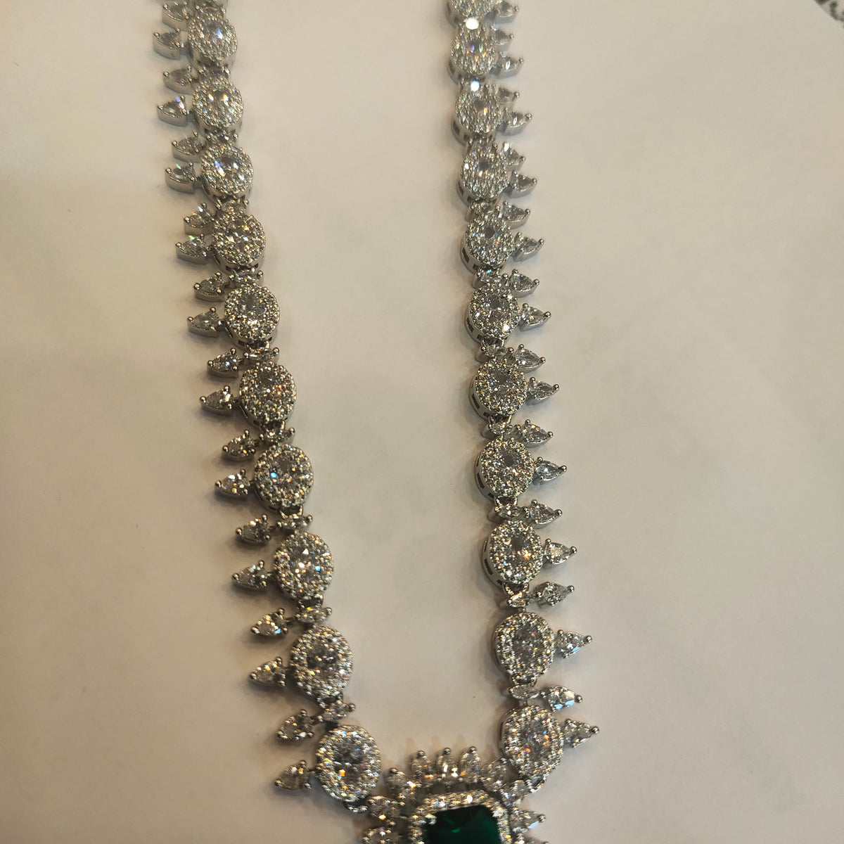Rhodium Plated Green Emerald Zircon Necklace Set - Western Style