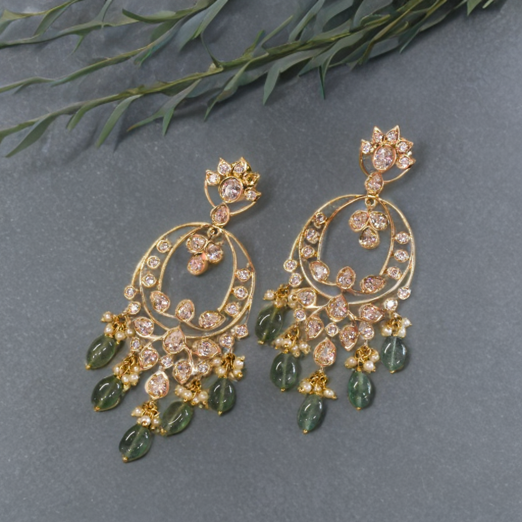 24K Gold Plated Green Beads Hanging Chandbali Earrings - Screwback Design