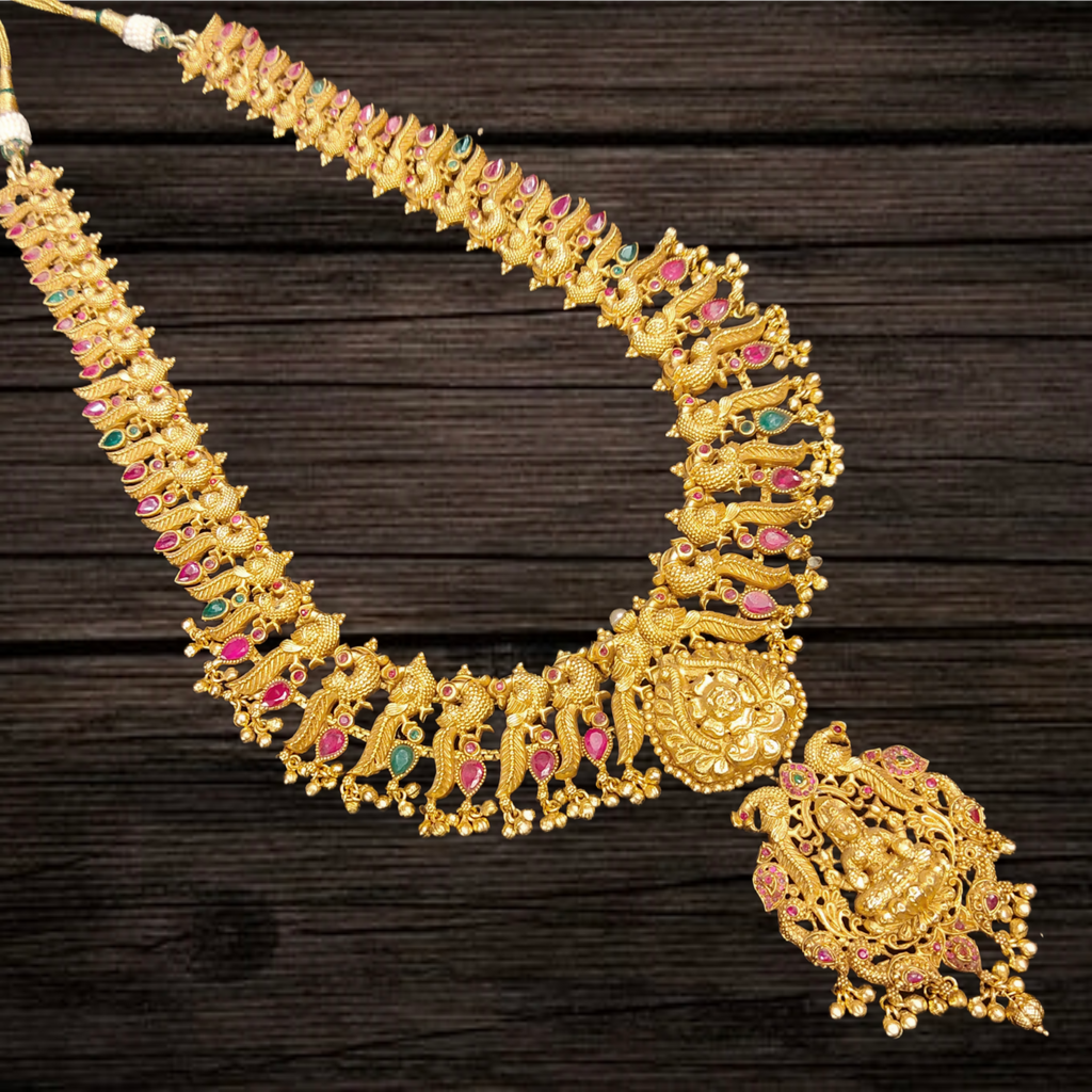 24K Gold Plated Antique Lakshmi Peacock Haram Necklace Set - Long Temple Jewelry with Ruby Emerald